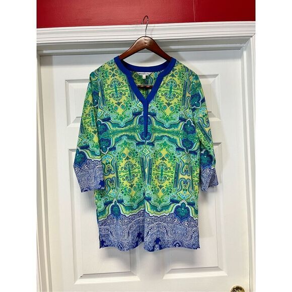 Travelsmith Blue & Green Print Tunic Top sz L EUC BOHO - Picture 1 of 5